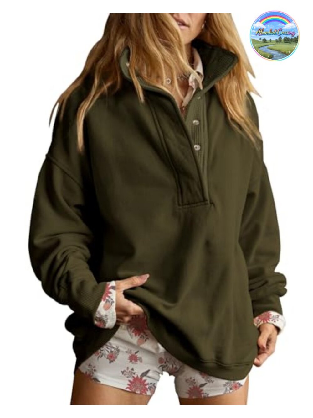 Oversized Henley Neck Sweatshirt Drop Shoulder Pullover Top